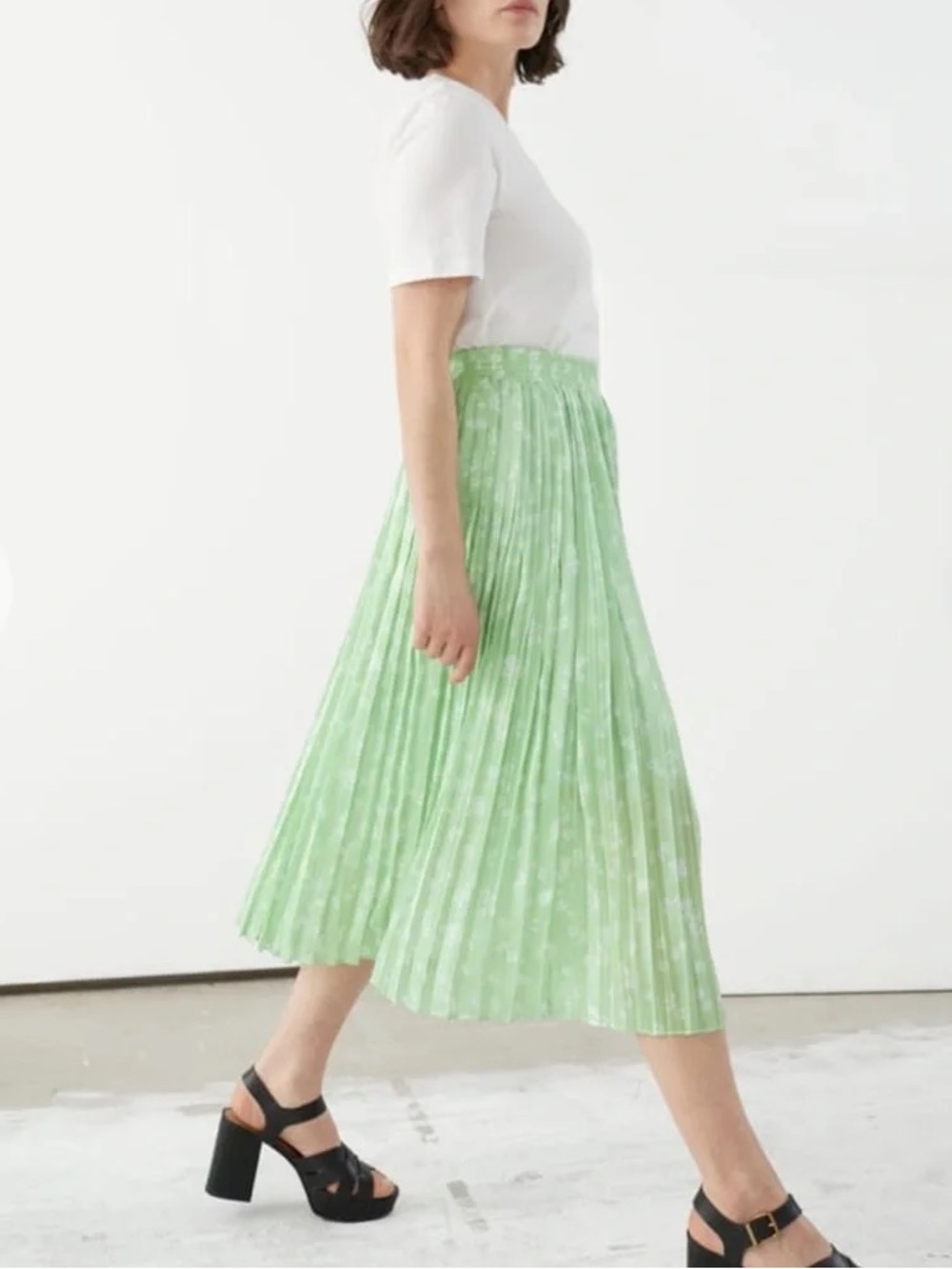 & Other Stories Green Floral Pleated Midi Skirt